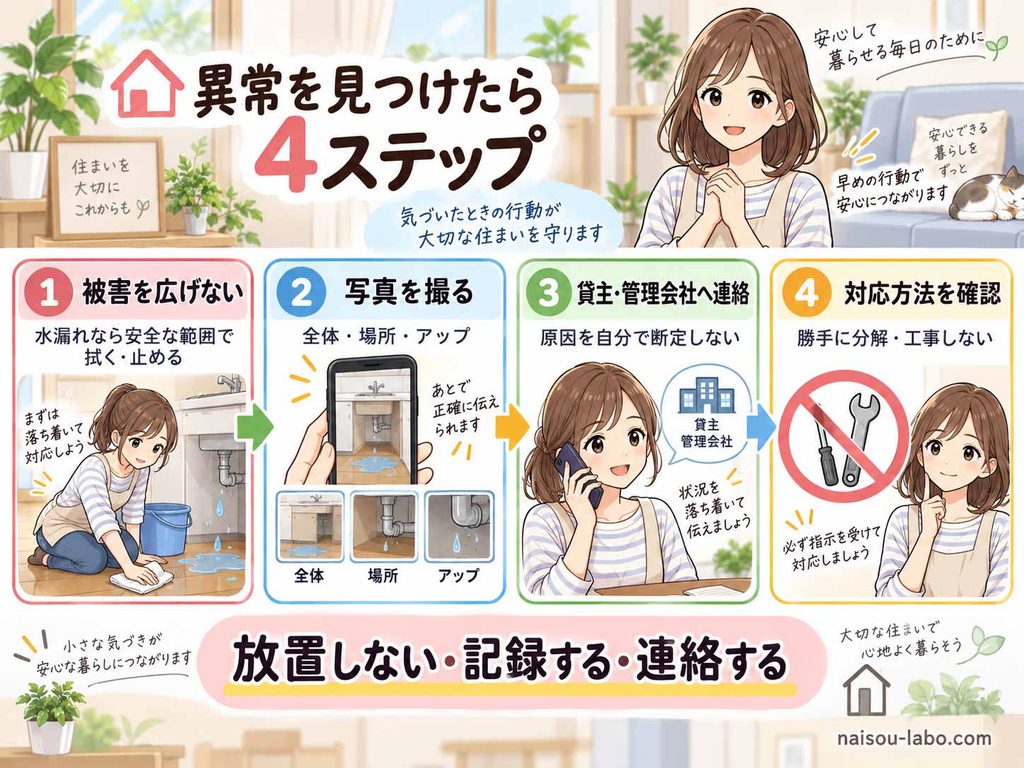 賃貸住宅で水漏れや故障を見つけたときの被害防止・写真・連絡・確認の4ステップ