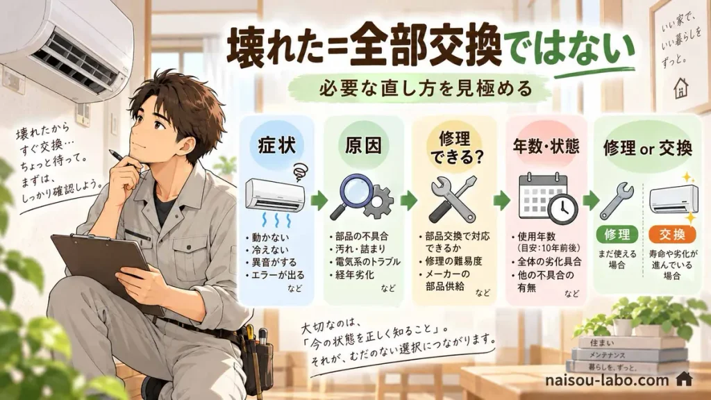現場の職人が故障した住宅設備の症状や原因、年数を確認して修理か交換かを判断する図