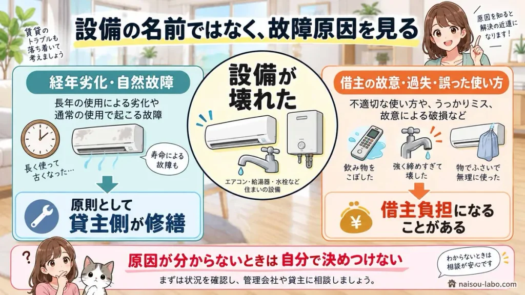 賃貸設備の自然故障と借主の故意過失による故障で修理費負担が分かれることを示した図
