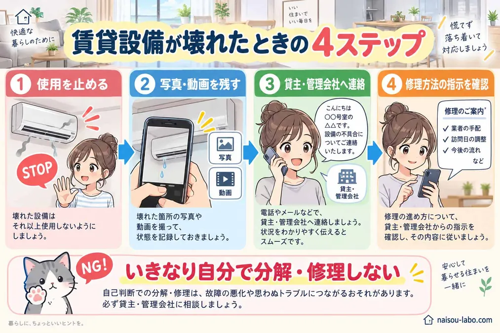 賃貸設備が故障したときの使用停止・記録・管理会社への連絡・修理方法確認の4ステップ