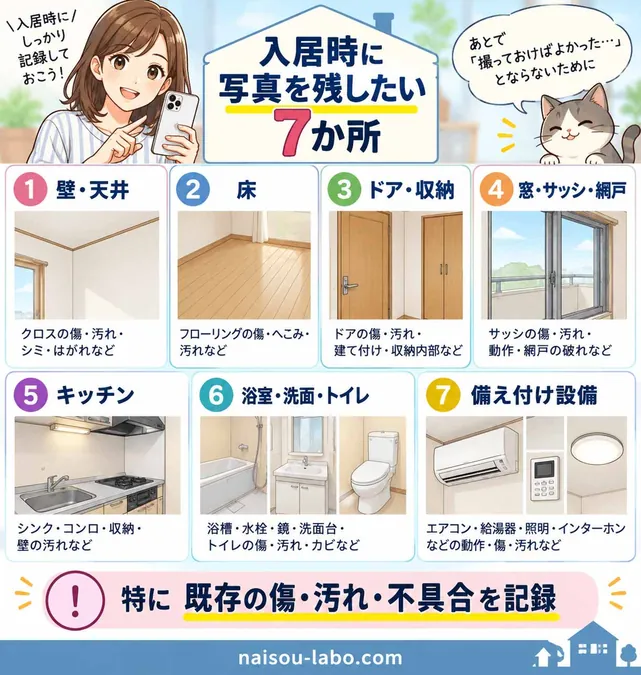 賃貸の入居時に写真を残したい壁・床・建具・窓・水回り・設備など7か所のチェック図