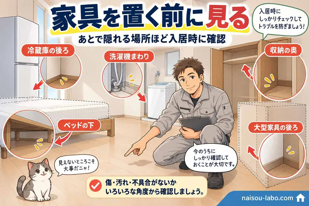現場の職人が入居時に家具や家電で隠れる前の壁や床、収納内部を確認するイラスト