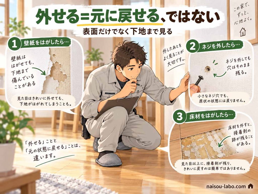 現場の職人がDIY後の壁紙の剥がれ、ネジ穴、床の粘着跡を確認して原状回復できるか判断する図