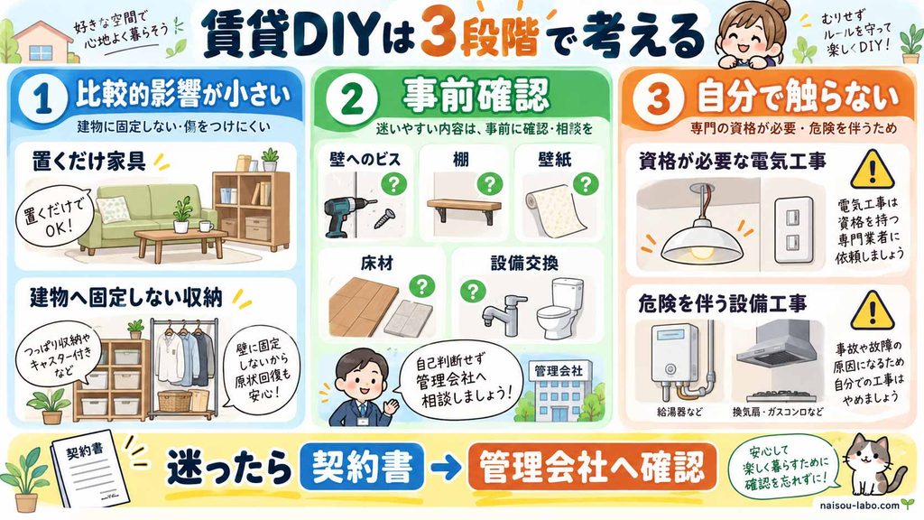 賃貸DIYを置くだけのもの・事前確認が必要な工事・自分で触らない工事の3段階で示した図