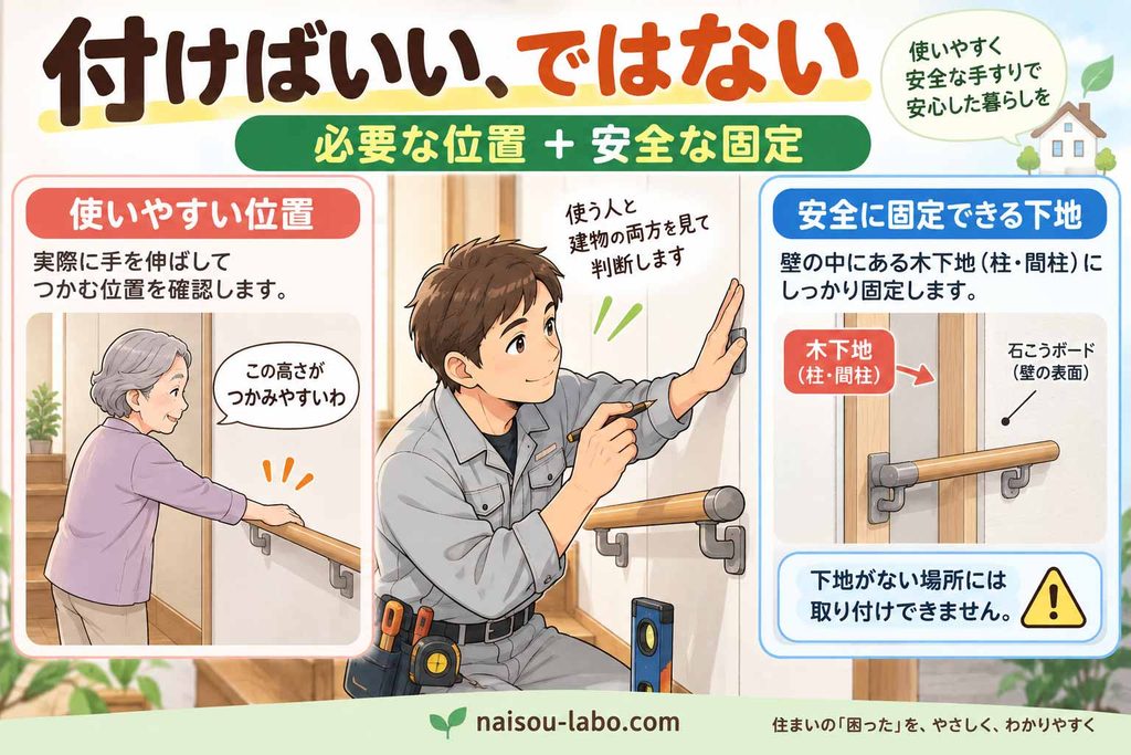 現場の職人が手すりを使う人の動作と壁の下地を確認して安全な取付位置を判断する図