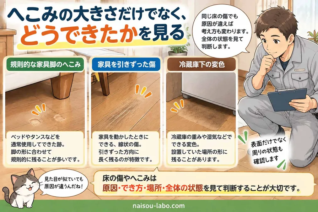 家具の設置跡と引きずり傷の付き方を見て原因を確認する職人の図