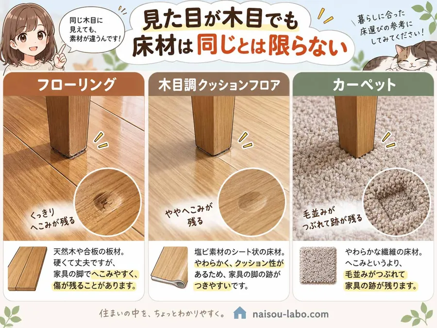 フローリング・クッションフロア・カーペットに付いた家具の設置跡の違いを示す図