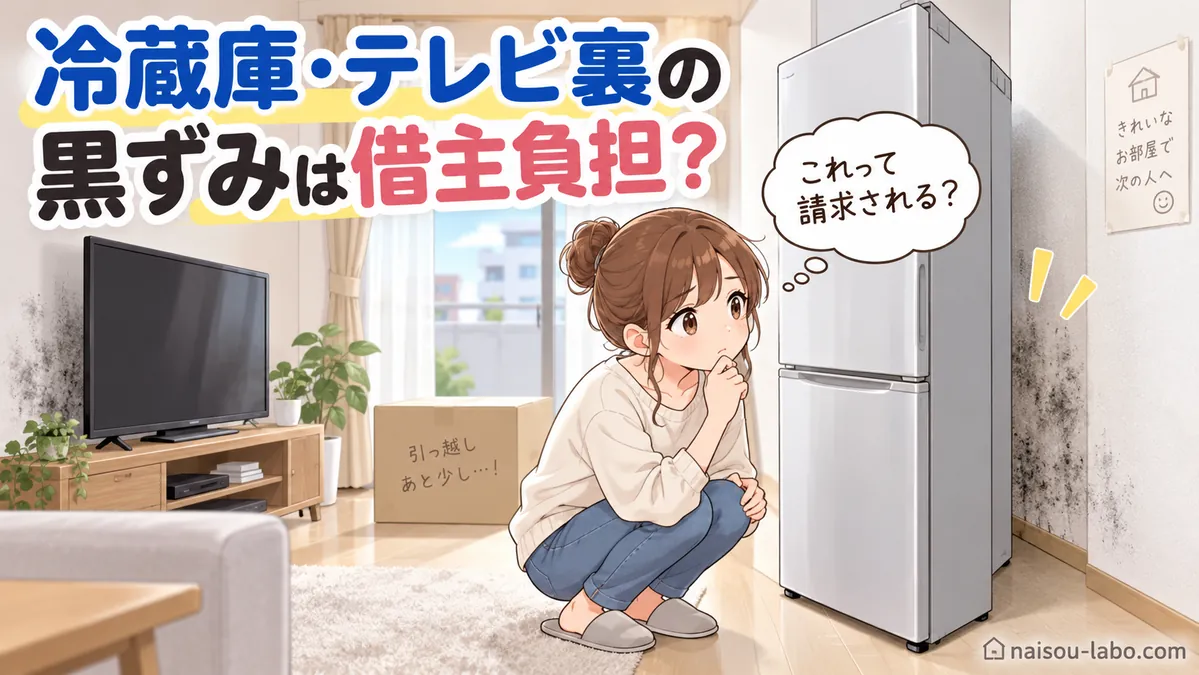 賃貸住宅で冷蔵庫を動かしたあと壁紙の黒ずみを確認する女性のイラスト