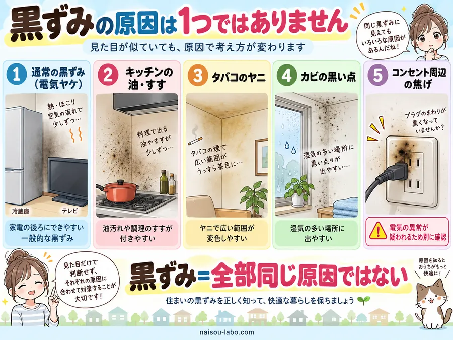 電気ヤケ・油汚れ・タバコのヤニ・カビ・コンセントの焦げの違いを示す図