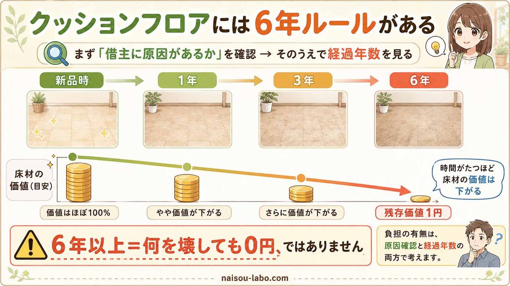 クッションフロアは6年で残存価値1円となるよう借主負担割合を考えることを示した図