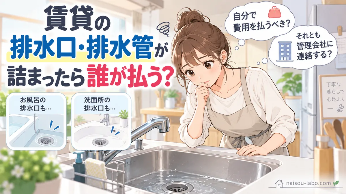 賃貸住宅のキッチンで流れにくくなった排水口を確認する女性のイラスト