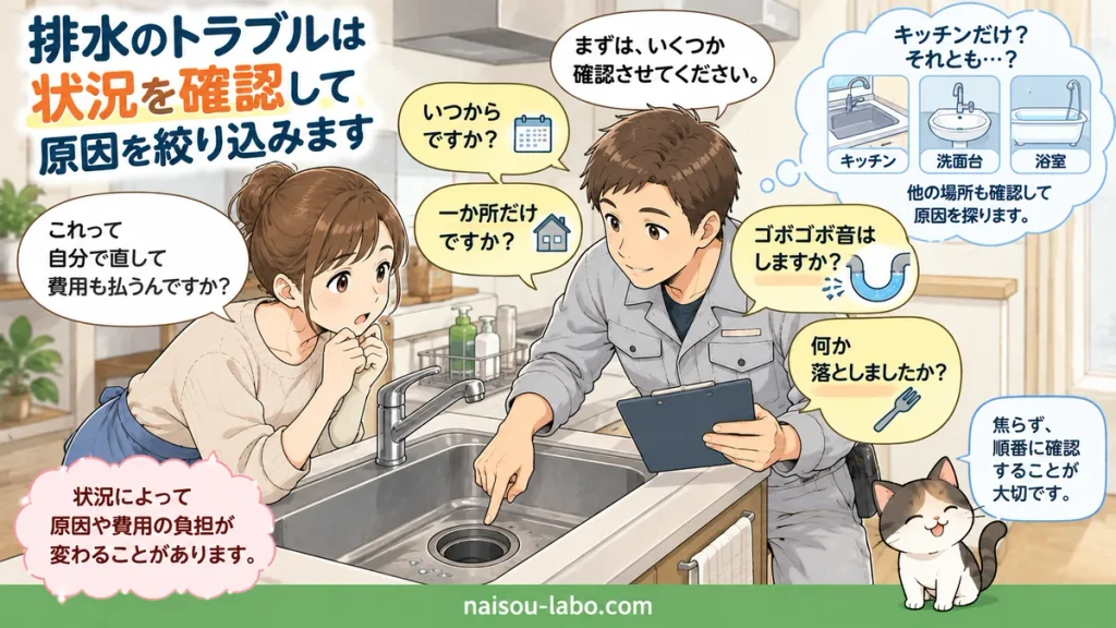 排水の流れ方や症状を確認しながら詰まりの原因を判断する職人の図