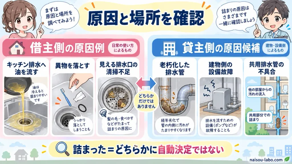 賃貸の排水管詰まりで借主負担になる原因と貸主側の修理になる原因を比較した図