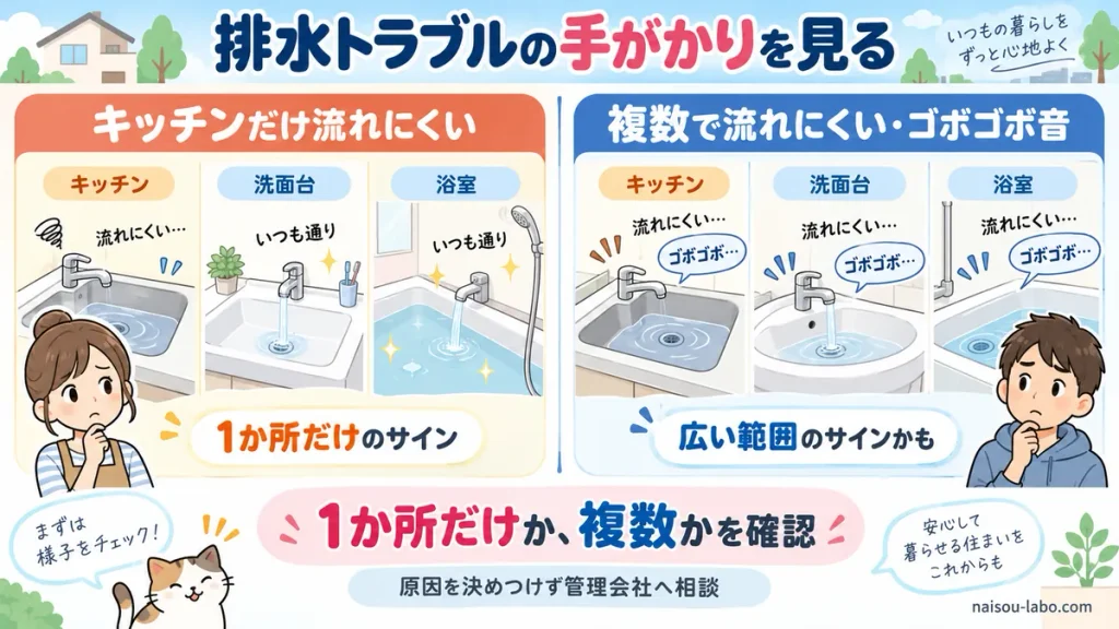 キッチン・洗面台・浴室の一か所だけの排水不良と複数箇所の排水不良を比較した図