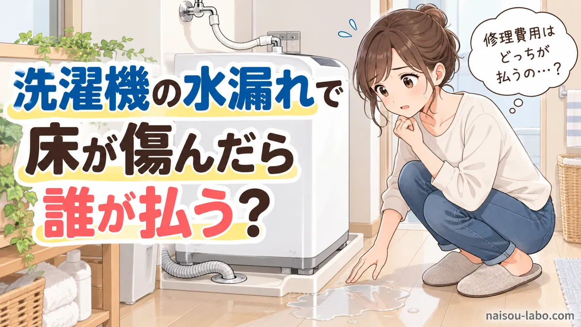 賃貸住宅で洗濯機の下の水漏れに気付いて床を確認する女性のイラスト