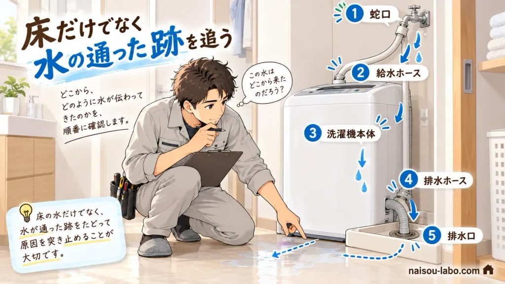 洗濯機まわりの蛇口やホースから水の通った跡を確認して水漏れ原因を探す職人の図