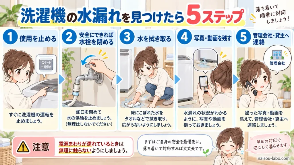 賃貸住宅で洗濯機が水漏れしたときの使用停止から管理会社への連絡までの手順図
