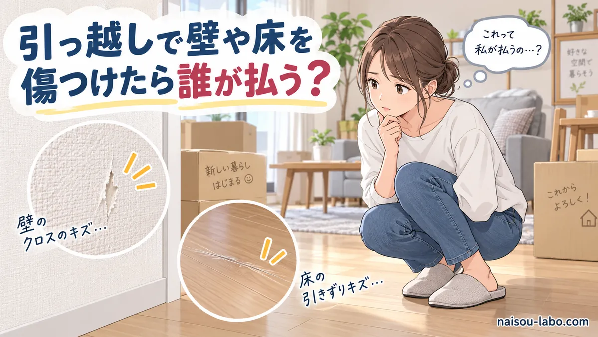 引っ越し後に賃貸住宅の壁と床に付いた傷を確認する女性のイラスト