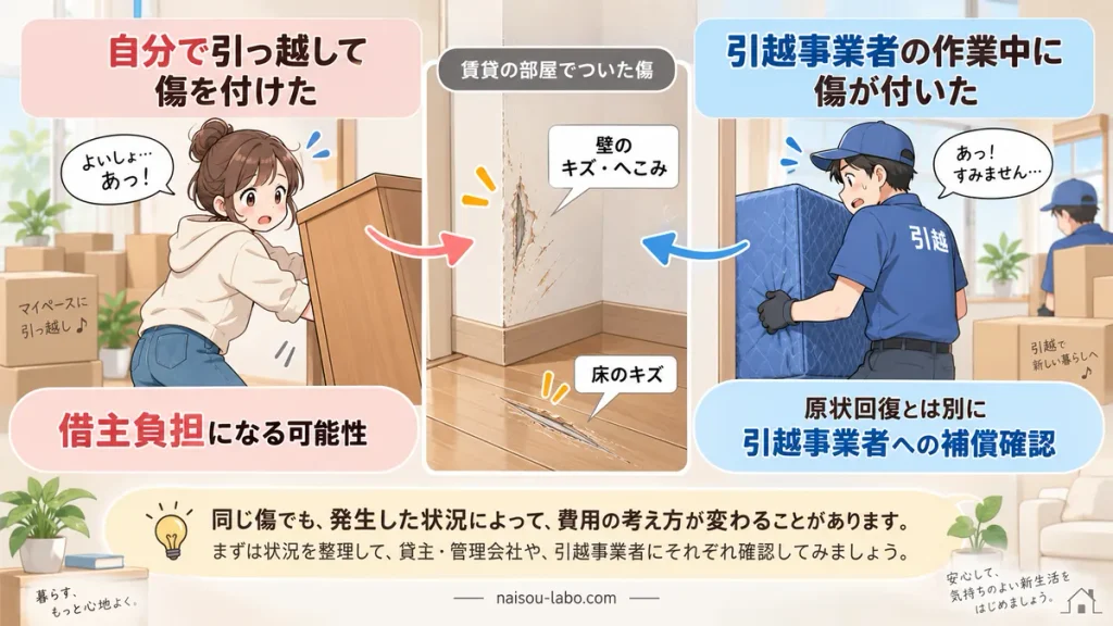 自分で付けた引っ越し傷と引越事業者が付けた傷の負担の考え方を比較する図
