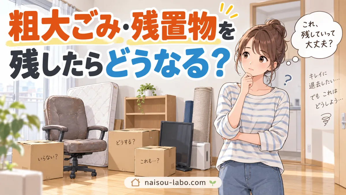 賃貸退去前に部屋に残った粗大ごみや家具を見て確認する女性のイラスト