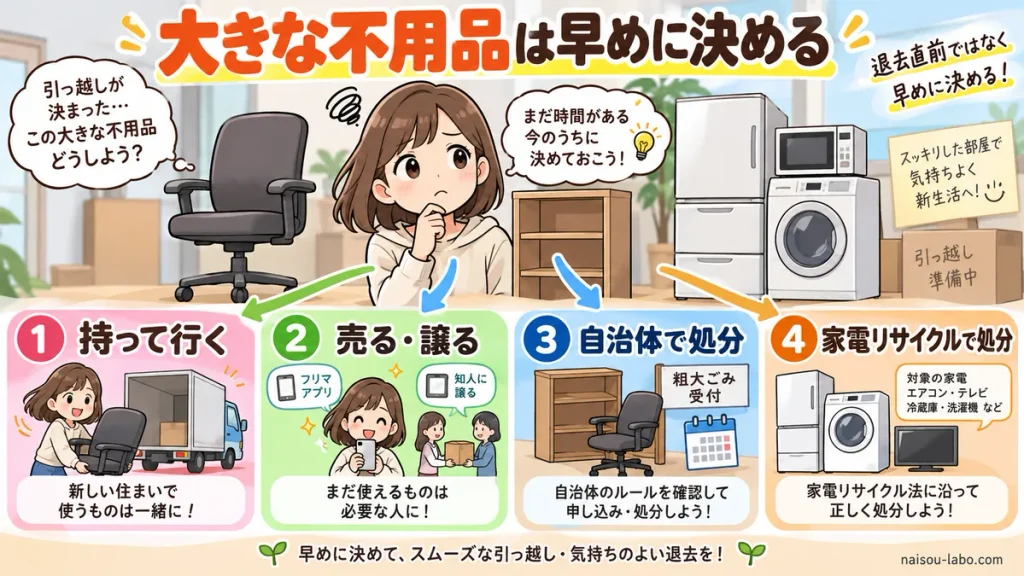 退去前に大型家具や家電を持って行く・売る・粗大ごみ・リサイクルに分けて整理する図