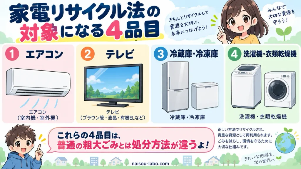 家電リサイクル法の対象となるエアコン・テレビ・冷蔵庫・洗濯機の4品目を示す図