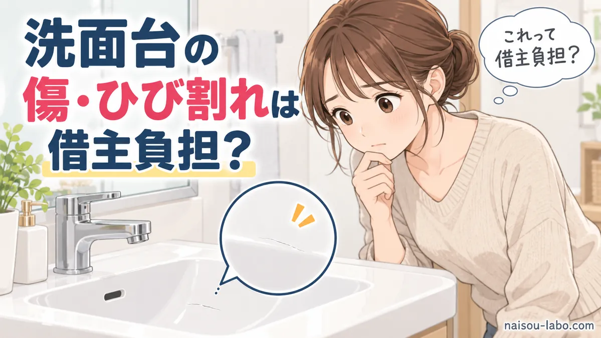 賃貸住宅の洗面ボウルにある傷やひび割れを確認する女性のイラスト
