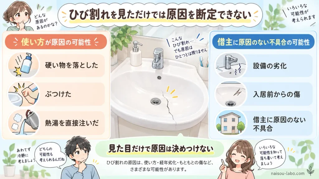 洗面台の傷やひび割れについて借主側の使用原因と設備側の原因を比較する図