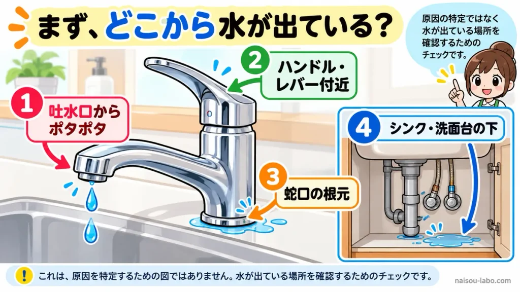 蛇口の吐水口やレバー、根元、シンク下など水漏れ場所を確認する図