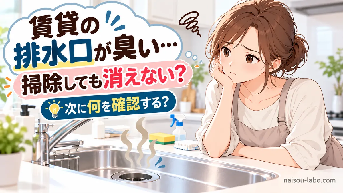 賃貸の排水口を掃除しても臭いが戻り困っている女性のアイキャッチ画像