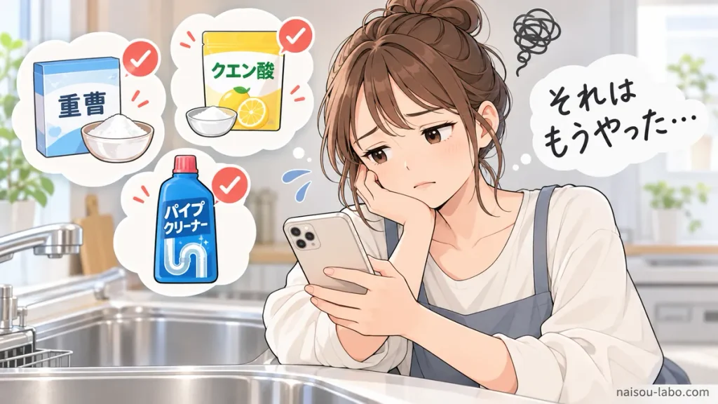 排水口の臭い対策をいろいろ試しても改善せず困っている様子