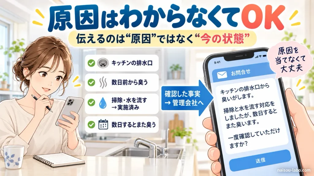 排水口の臭いについて原因を決めつけず、試したことや現在の状態を管理会社へ伝える方法を示した図
