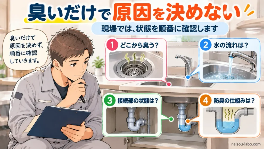 排水口の臭いだけで原因を決めず、水の流れや接続部などを順番に確認する職人の図