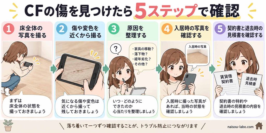 退去前にクッションフロアの傷を確認する写真撮影から見積書確認までの5ステップ図