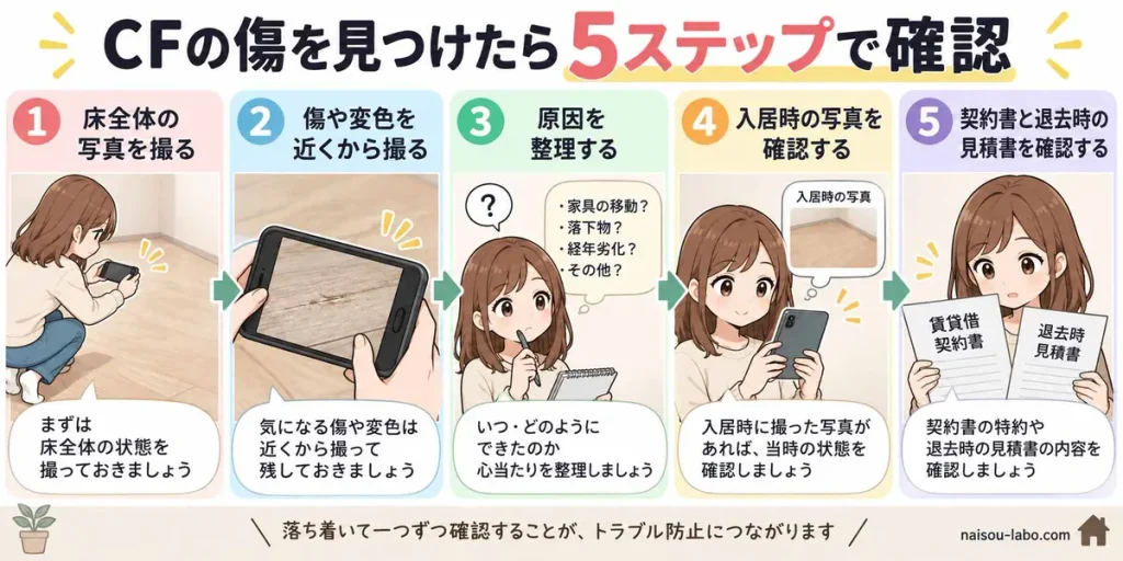 退去前にクッションフロアの傷を確認する写真撮影から見積書確認までの5ステップ図