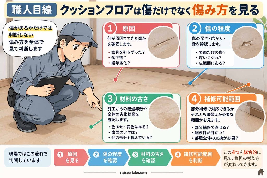 職人がクッションフロアの原因・傷の程度・古さ・補修範囲を確認するポイントを示した図