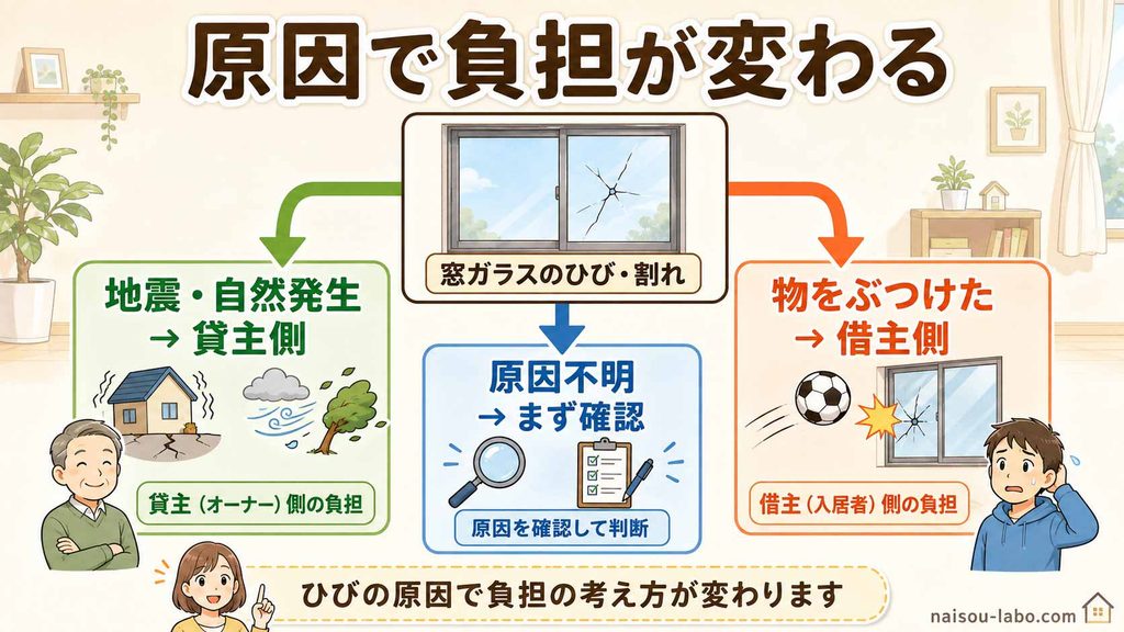 熱割れと衝撃によるガラス割れの違いを説明する比較図