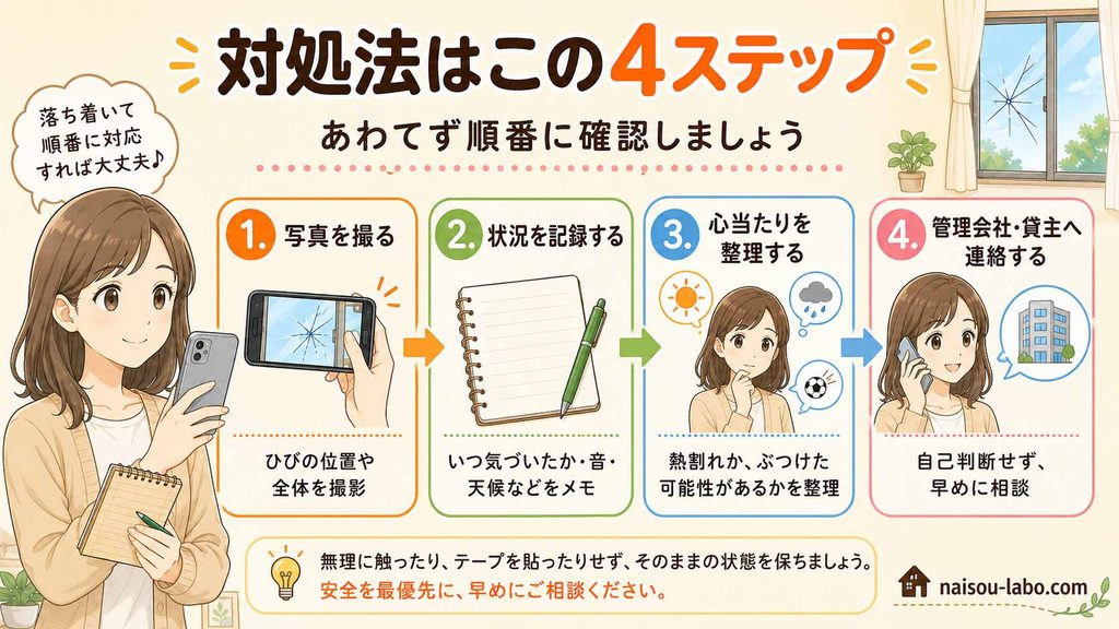 窓ガラスのひびを見つけたときの対処手順を示した4ステップ図