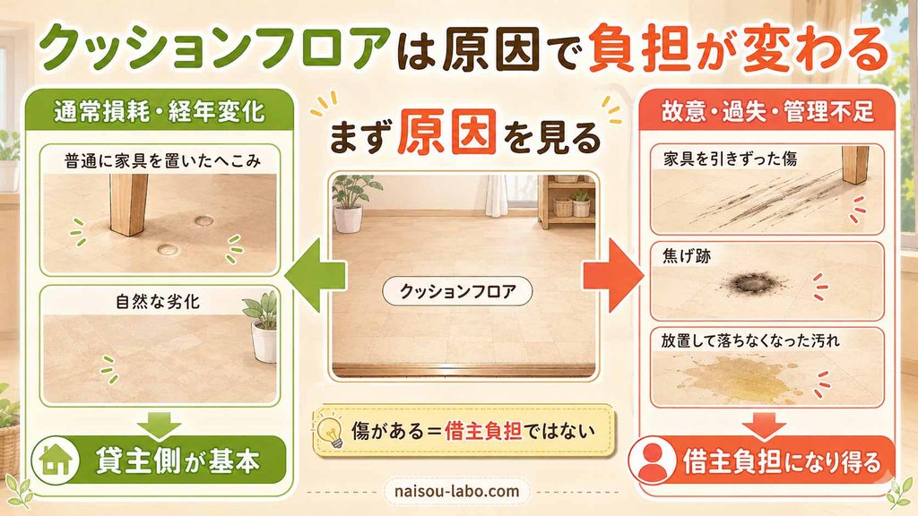 クッションフロアの傷が通常損耗か借主の故意過失かを原因別に判断する図