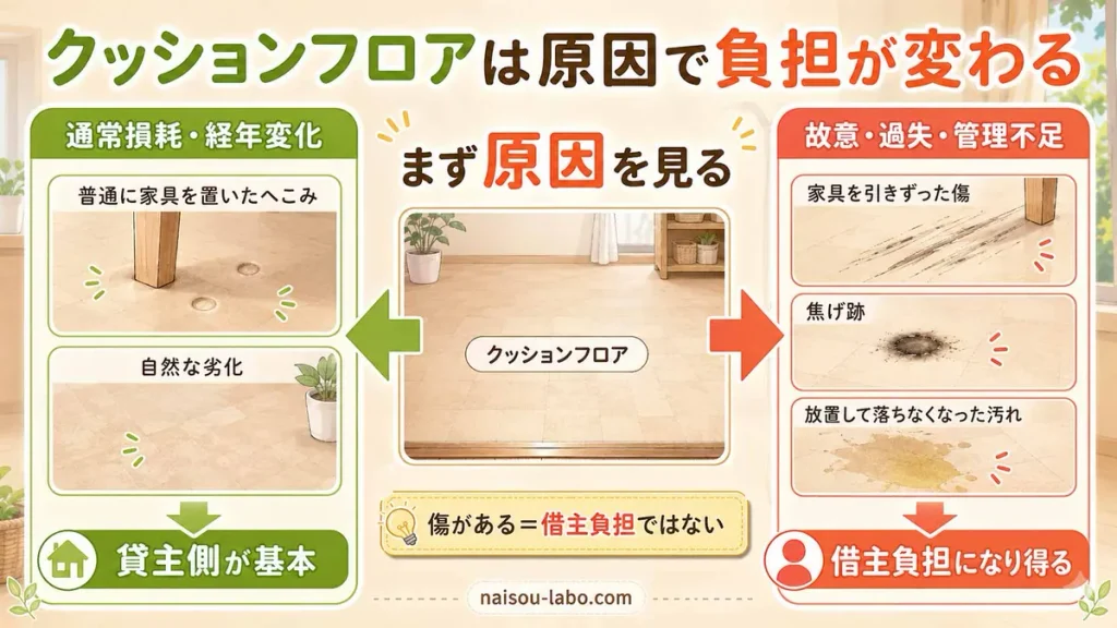 クッションフロアの傷が通常損耗か借主の故意過失かを原因別に判断する図