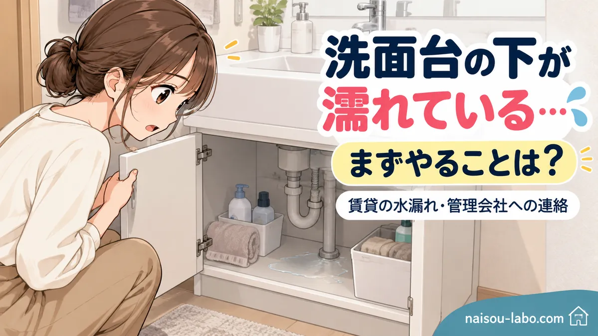 賃貸の洗面台下が濡れていることに気付き、まず何をすればよいか迷っている女性