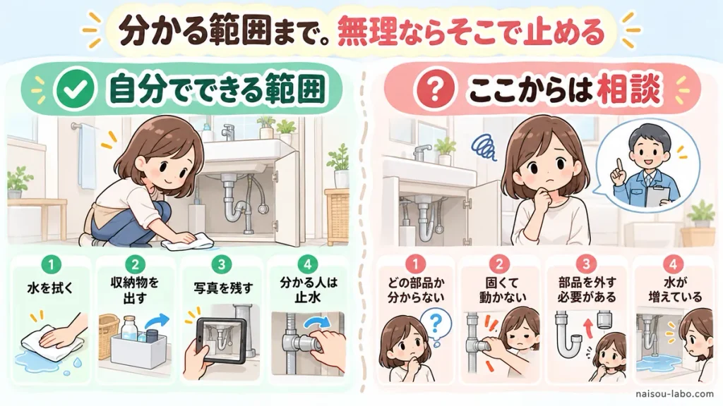 洗面台下の水漏れで自分で対応できる範囲と管理会社や専門家へ相談する境界を示した図