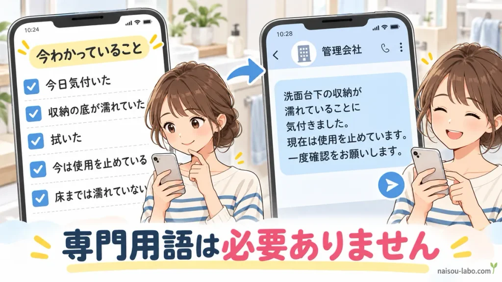 洗面台下の水漏れについて、確認できた事実を整理して管理会社へ伝える方法を示した図